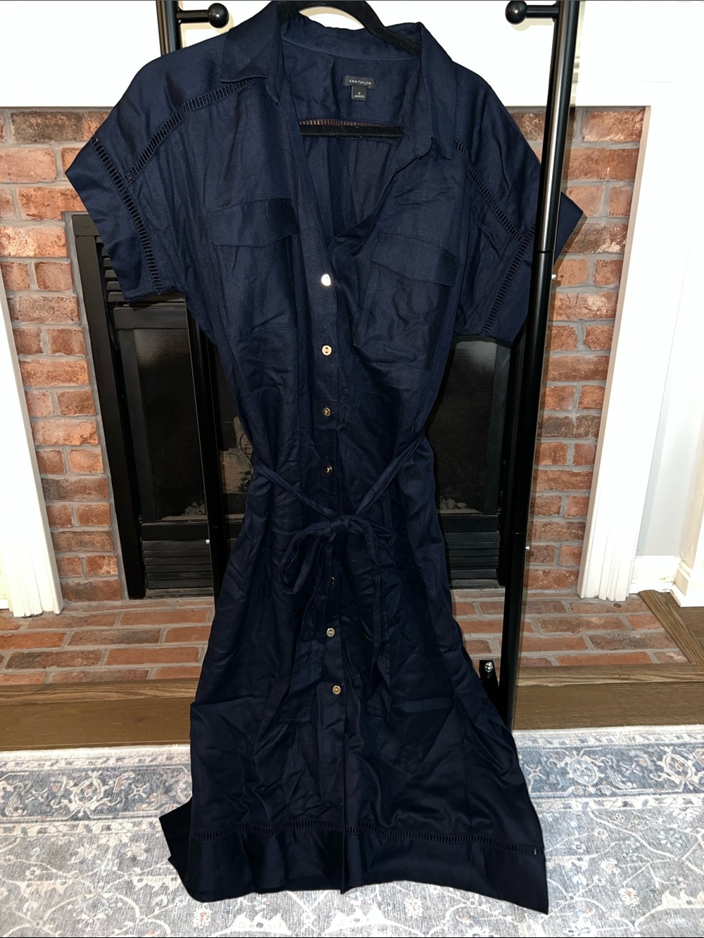 Ann Taylor Navy Button-Front Midi Shirt Dress